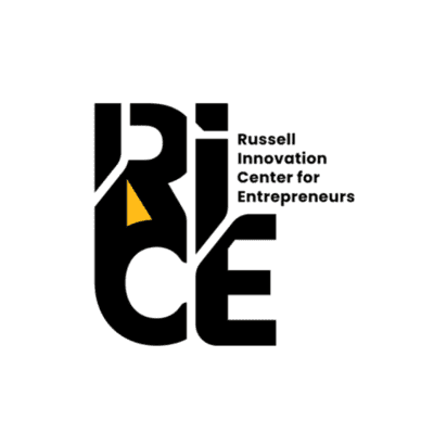 Logo for Russell Innovation Center for Entrepreneurs, featuring stylized RICE text with a yellow triangle.