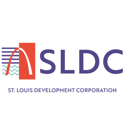 SLDC St. Louis Development Corporation logo with a red arch and wavy blue lines.