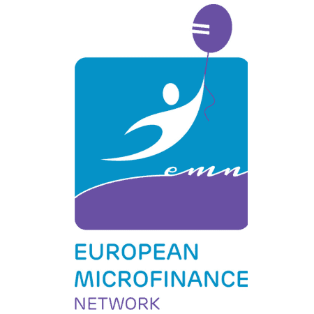 European Microfinance Network logo, blue square with purple person holding a balloon with a euro sign.