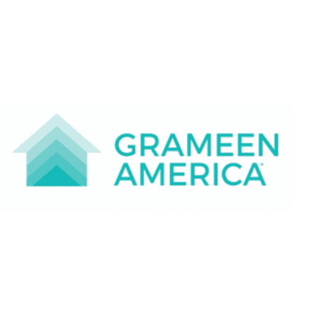 Grameen America logo with a layered light blue house icon and organization name.