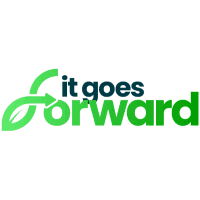 Logo for 'it goes forward' featuring a green leaf and an arrow forming the letter 'f'.