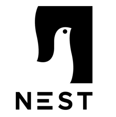 NEST logo features a stylized black bird design with the company name below it.