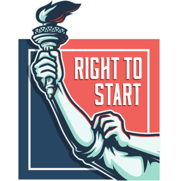 Stylized arm holding a torch with "RIGHT TO START" on a red and blue background.