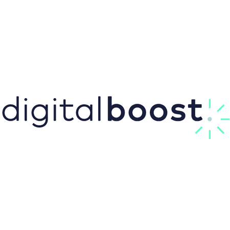 Digitalboost logo with dark blue text and a light blue star icon.