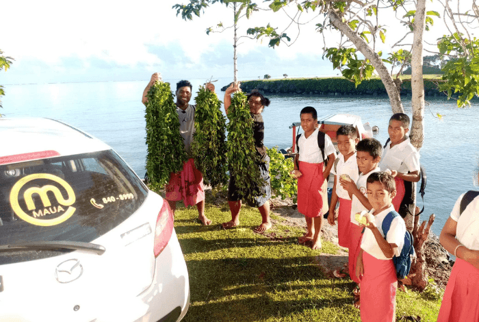 Adults hold green garlands while children in uniforms stand by the tropical sea.
