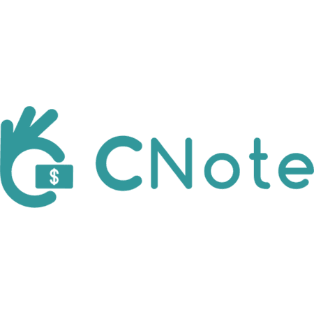 CNote logo featuring a teal hand making an OK sign, holding a dollar bill.