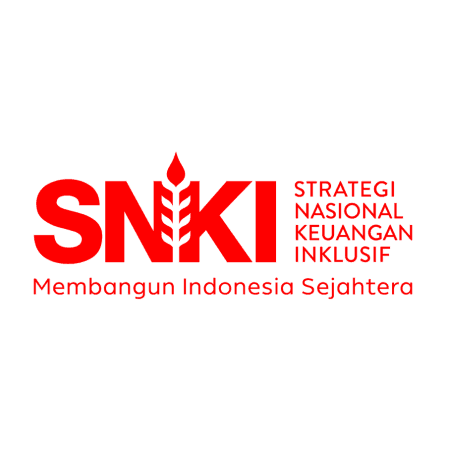 Red SNKI logo with text 'Strategi Nasional Keuangan Inklusif' and 'Membangun Indonesia Sejahtera'.