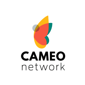 Logo for CAMEO network featuring a colorful butterfly icon above the company name.