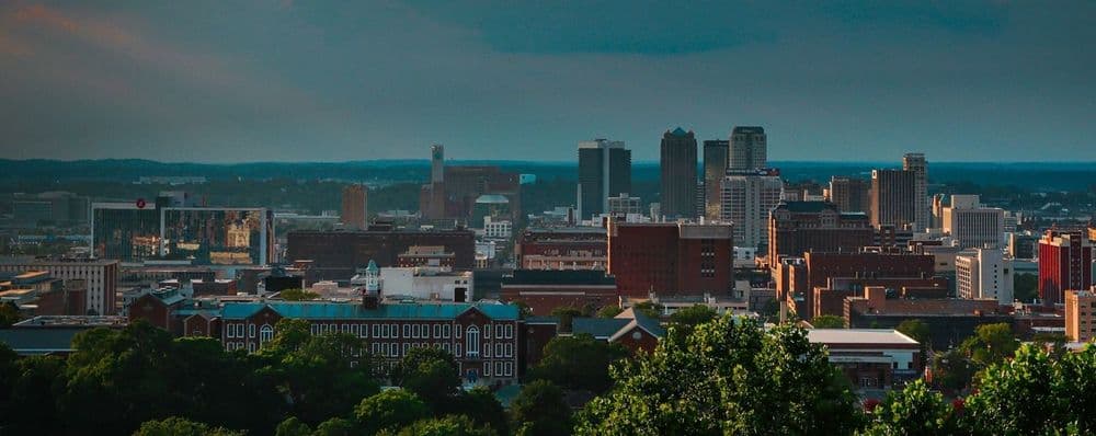 Distant city skyline featuring numerous buildings amidst green trees under a partly cloudy sky.