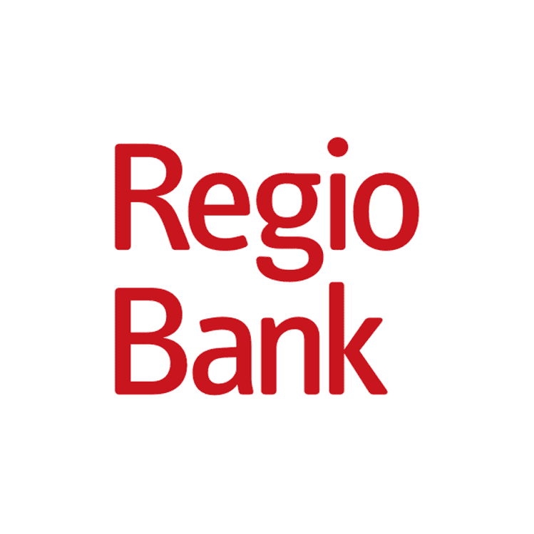 Regio Bank logo in red text on a white background, representing the financial institution.