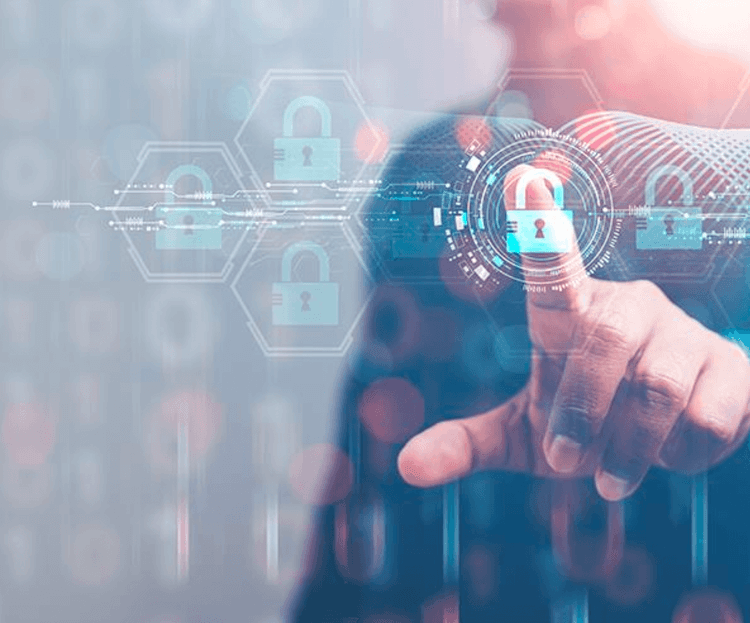 Hand touching a glowing digital padlock icon, symbolizing cybersecurity and data protection.