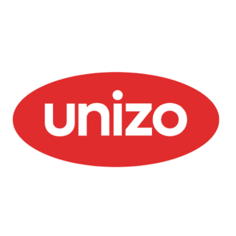 Red oval logo with the word 'unizo' in white, bold, lowercase letters.