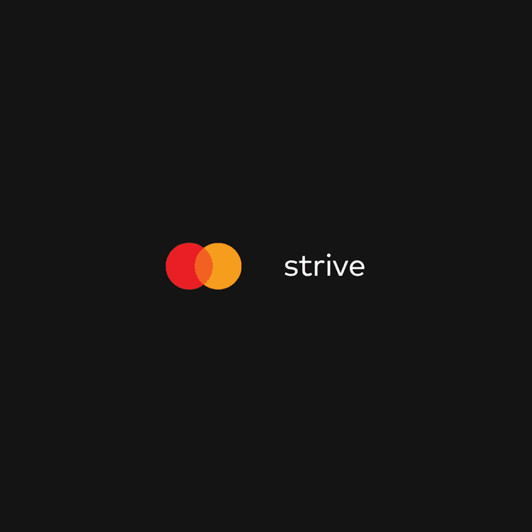 Strive logo with red and orange overlapping circles on a dark background, resembling Mastercard.